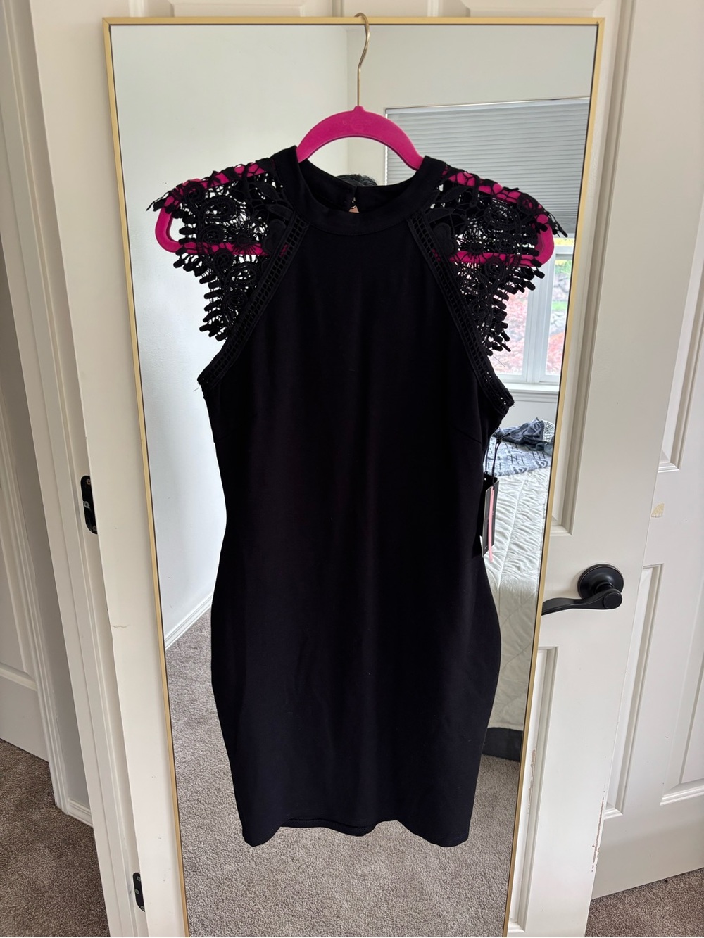 iris Black Mini Dress with Lace Cap Shoulders